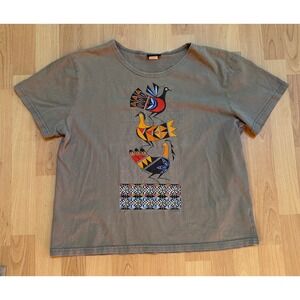 Sabaku Artwear Bird Totem Graphic Tee Olive Green USA Cotton Tucson Folk Art